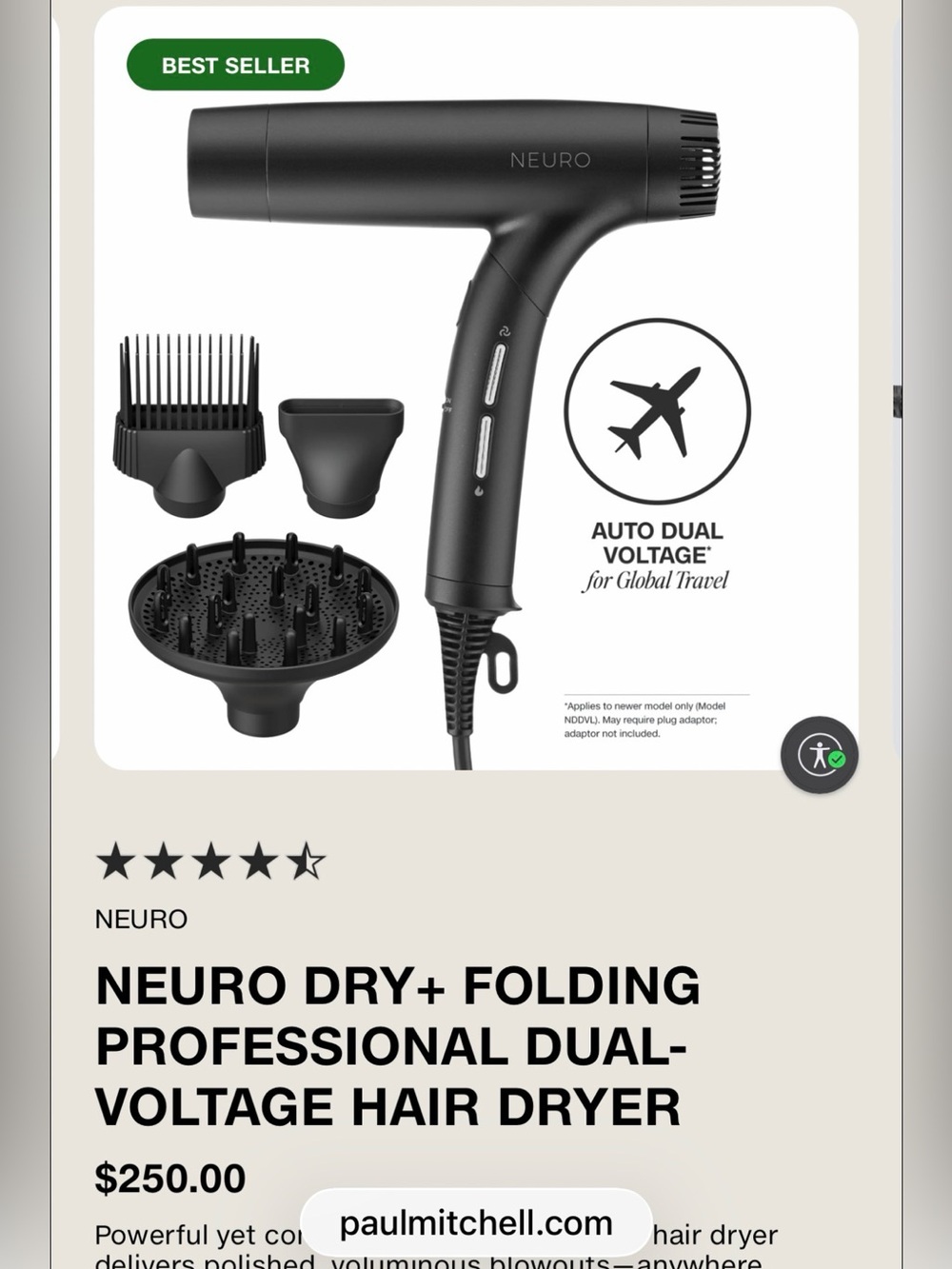 NEURO DRY FOLDING PROFESSIONAL DUAL VOLTAGE HAIR DRYER
